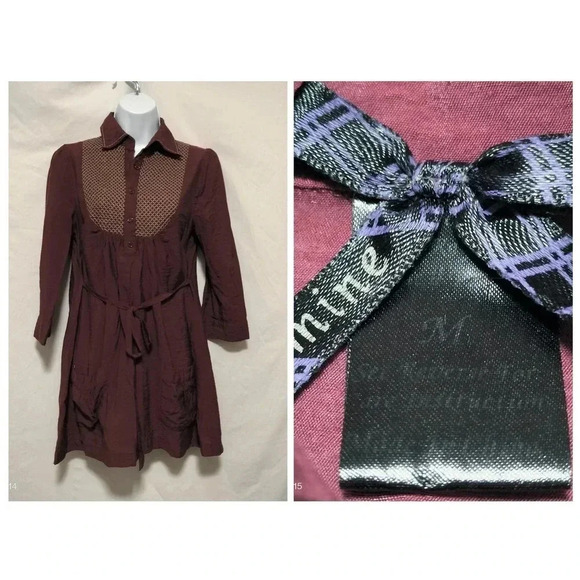 MINE size Medium Long Sleeves Smock Bodice Button Up Mini Belted Dress Burgundy - Picture 1 of 8